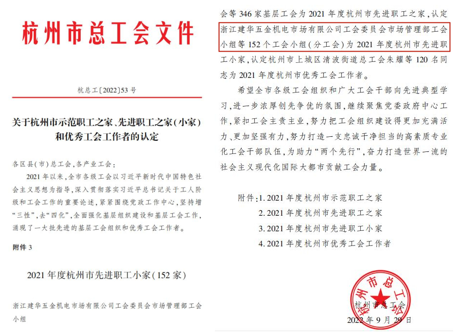 88858cc永利官网市场治理部工会小组荣获“杭州市先进职 工小家”称呼